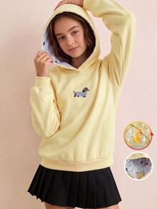 SHEIN 1件女孩軟萌甜美風粉色連帽衛衣，長袖，抓絨，秋季服飾，柔軟面料，寬鬆版型，舒適 - 黃色 - 查看 4
