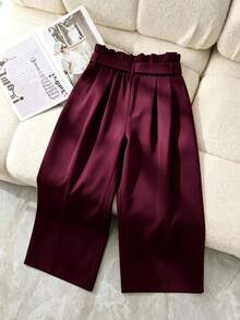 GlowEve CURVE Women's Plus Size Casual Versatile Long Pants With Ruffle Detail, Spring/Summer New High Waist Slim Straight Leg Black Pants With Pearl Embellishment - Maroon - View 2
