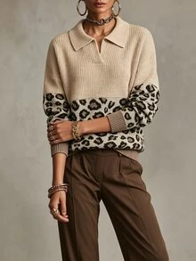 SHEIN Suéter casual de mujer con estampado de leopardo patchwork, hombros caídos y manga larga - Multicolor - Ver 6