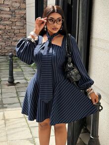 Maweii Plus Size Sexy Striped Pleated Long Sleeve Fashion Dress - Navy Blue - View 4