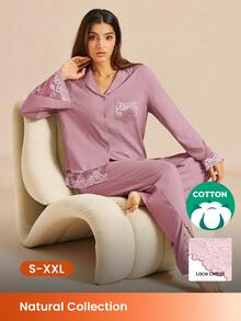 LUVLETTE Fall Soft Pink 100% Pure Cotton Luxurious Lace Trim Button-Up Top & Pants Loungewear Pajama Set For Pyjama Cotton Pajamas Graphic - Pink - View 1