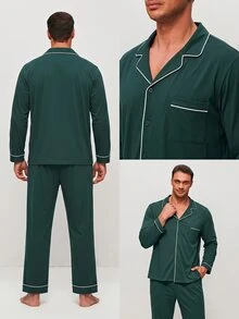 LUVLETTE Plus Size Fall Soft 100% Pure Cotton Sky Blue Basic Long Sleeve Button-Up Top & Pants Pajama Sets For Men Lounge With Pockets Pajamas Graphic - Dark Green - View 2