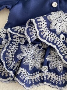 SHEIN Playful Pals 女嬰可愛娃娃風大領口前開襟刺繡下擺鬆緊腰刺繡袖口長袖長褲套裝 春秋款 - 寶藍色 - 查看 7