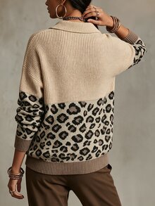 SHEIN Suéter casual de mujer con estampado de leopardo patchwork, hombros caídos y manga larga - Multicolor - Ver 2