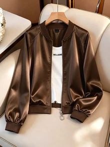 SHEIN LUNE Apricot Satin Baseball Jacket, Solid Color Without Print, Ribbed Baseball Collar, Long Sleeve With Ribbed Cuffs, Ribbed Elastic Waistband, Light Luxury Casual Style, Minimalist Commute Style, Suitable For Daily Commute, Casual Shopping, Short Trips, Inner Wear And Outer Wear - Brown - View 4