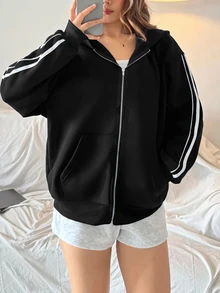 青少年女孩深藍色開襟連帽寬鬆休閒秋季運動衫，簡約休閒運動風 - 黑色 - 查看 3