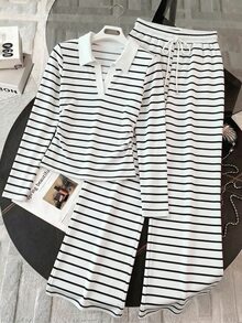 Resyla Women's Autumn/Winter New Hot-Selling Striped Print Pattern Casual Versatile 2 Pieces Set - Multicolor - View 3