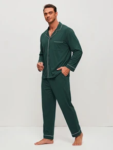 LUVLETTE Plus Size Fall Soft 100% Pure Cotton Sky Blue Basic Long Sleeve Button-Up Top & Pants Pajama Sets For Men Lounge With Pockets Pajamas Graphic - Dark Green - View 10