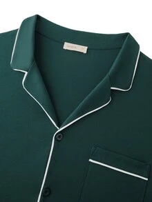LUVLETTE Plus Size Fall Soft 100% Pure Cotton Sky Blue Basic Long Sleeve Button-Up Top & Pants Pajama Sets For Men Lounge With Pockets Pajamas Graphic - Dark Green - View 12