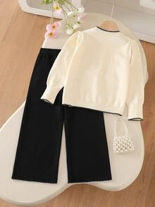 Genkimix Kids 女童針織開襟衫蝴蝶結刺繡上衣 彩虹白色寬腿長褲 公主娃娃兒童兩件套 母女裝 秋季 - 黑與白 - 查看 2