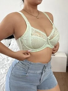 SHEIN 1pc Lace Plus Size Women's Bow Decor Underwire Bra - Green - View 4