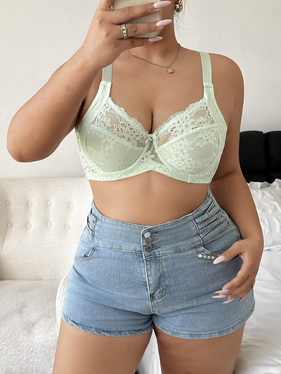 SHEIN 1pc Lace Plus Size Women's Bow Decor Underwire Bra - Green - View 1