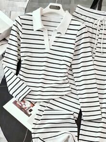 Resyla Women's Autumn/Winter New Hot-Selling Striped Print Pattern Casual Versatile 2 Pieces Set - Multicolor - View 5