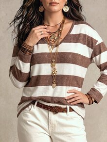 SHEIN Fashion Casual Retro Basic V-Neck White & Coffee Striped Print Plus Size T-Shirt - Multicolor - View 5