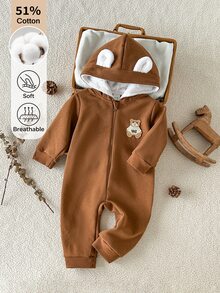 SHEIN Baby Boy Cartoon Bear Patch Zipper Front Hooded Romper - Brown - View 1