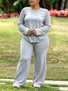 INAWLY Solva Plus Size Solid Color Top Pants 2 Pieces Set Homewear Evening Grey Fall Casual - Light Grey - View 4
