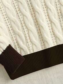 Linhara CURVE Plus Size Women's Solid Color Knit Pullover Sweater With Contrast Ribbed V-Neck, Minimalist Casual Style For Autumn/Winter Daily Commute - Beige - View 7