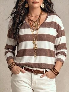 SHEIN Fashion Casual Retro Basic V-Neck White & Coffee Striped Print Plus Size T-Shirt - Multicolor - View 4
