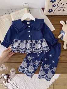 SHEIN Playful Pals 女嬰可愛娃娃風大領口前開襟刺繡下擺鬆緊腰刺繡袖口長袖長褲套裝 春秋款 - 寶藍色 - 查看 5