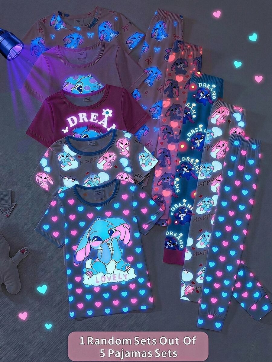 SHEIN Setelan Pakaian Santai 2 Potong untuk Anak Perempuan Remaja: Kaos Lengan Panjang Model Kerah Bulat dengan Motif Kartun Hewan Lucu dan Pita