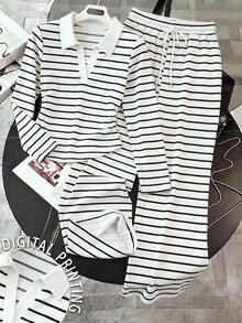 Resyla Women's Autumn/Winter New Hot-Selling Striped Print Pattern Casual Versatile 2 Pieces Set - Multicolor - View 1