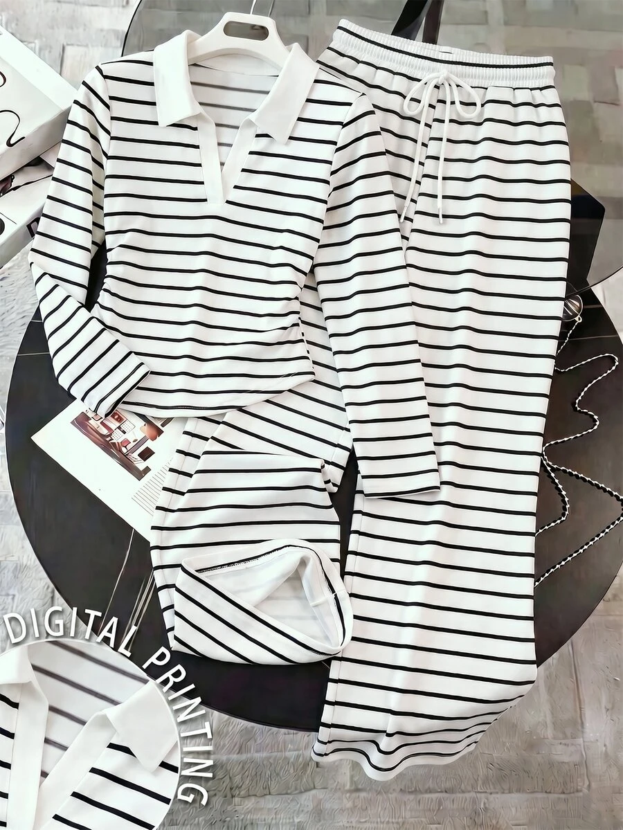 Resyla Women's Autumn/Winter New Hot-Selling Striped Print Pattern Casual Versatile 2 Pieces Set - Multicolor - View 1