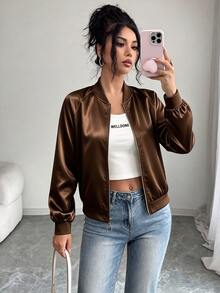 SHEIN LUNE Apricot Satin Baseball Jacket, Solid Color Without Print, Ribbed Baseball Collar, Long Sleeve With Ribbed Cuffs, Ribbed Elastic Waistband, Light Luxury Casual Style, Minimalist Commute Style, Suitable For Daily Commute, Casual Shopping, Short Trips, Inner Wear And Outer Wear - Brown - View 5