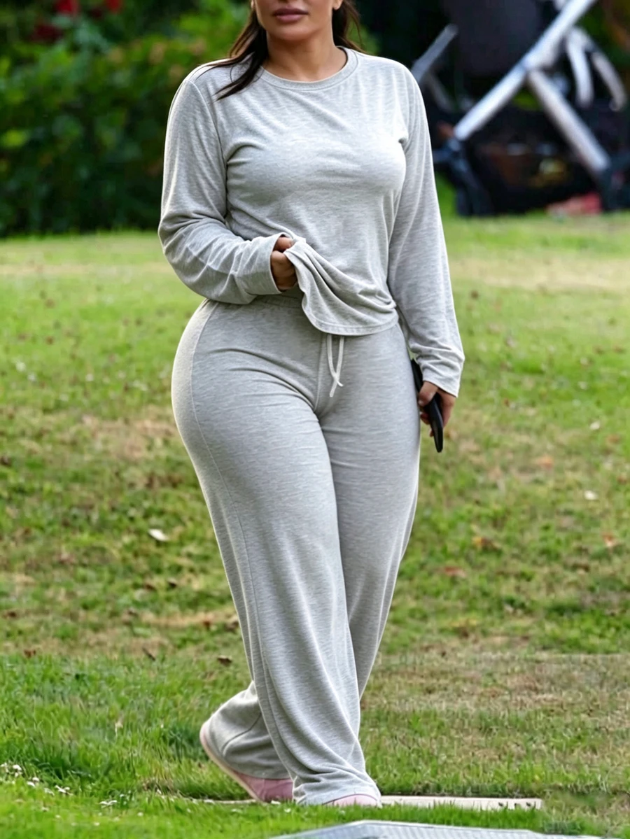 INAWLY Solva Plus Size Solid Color Top Pants 2 Pieces Set Homewear Evening Grey Fall Casual - Light Grey - View 1