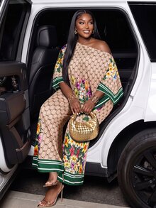 Poshavie Poshavie Plus Size Floral Geo Print Asymmetrical Top & Wide Leg Pants Set, Striped Trim Loose Two Pieces Outfit - Khaki - View 4