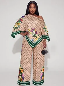 Poshavie Poshavie Plus Size Floral Geo Print Asymmetrical Top & Wide Leg Pants Set, Striped Trim Loose Two Pieces Outfit - Khaki - View 5