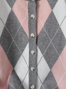 Girls 8-12 Grey Base Pink & White Argyle Jacquard Knit Cardigan, Ribbed Trim Placket Single-Breasted Button Design, Loose Drop Shoulder Fit, Student Daily Layering Knit Sweater Cardigan - Grey - View 4