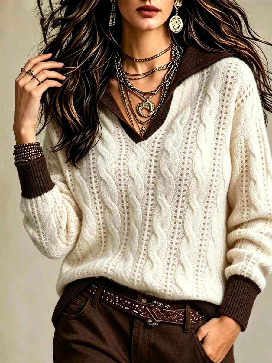 Linhara CURVE Plus Size Women's Solid Color Knit Pullover Sweater With Contrast Ribbed V-Neck, Minimalist Casual Style For Autumn/Winter Daily Commute - Beige - View 1