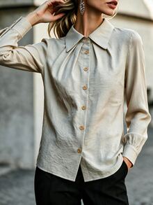 SHEIN ملابس علوية طويل الأكمام بياقة وأزرار أمامية مطوية بأسلوب فرنسي للخريف المبكر، ملابس علوية كاجوال بأكمام طويلة وفتحة مطوية بصف واحد من الأزرار - كاكي - مشاهدة 5