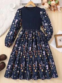 Teen Girls Fall Dresses Pastoral Style Navy Blue Patchwork Floral Long Sleeve Dress, Ribbed Waist, Puff Sleeves - Navy Blue - View 3