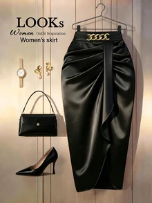 EMERY ROSE Plus Size Women's Fashion Elegant Sexy Gold Buckle Design Pleated Asymmetrical Hem Bodycon Skirt, All Season Fall - Black - View 1