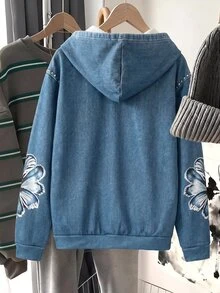 SHEIN 青少年女孩衛衣，藍色，寬鬆版型，秋冬，休閒街頭風，連帽，抓絨內裡，拉鍊，六年級學校 - 藍色 - 查看 2