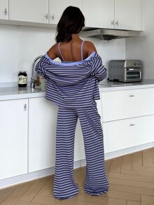 ZzzCrew Korean Style Purple Striped Knit Cardigan, Vest And Pants 3 Pieces Set, Casual Slouchy - Purple - View 2