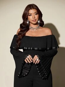 Viva Relle Plus Size Off-Shoulder Pleated Loose Jumpsuit - Black - View 2