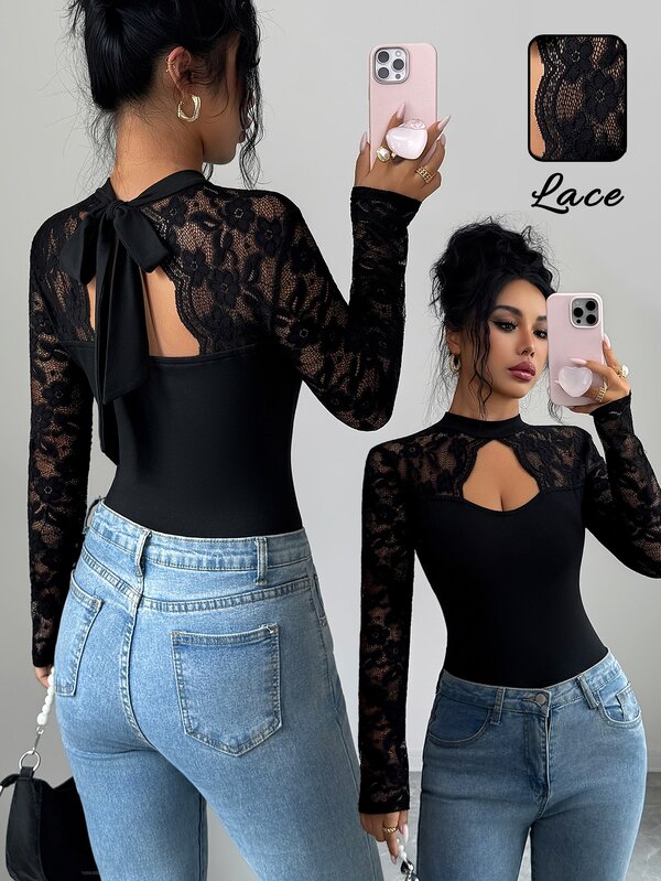 Elenzga Women's Black Contrast Lace Lace-Up Hollow Design Long Sleeve T-Shirt, Elegant, Birthday Gift, Date, Party, Carnival, Music Festival, Cocktail Party, Gathering, Travel, Beach, Vacation, Atmospheric Wear, Autumn Clothing, Autumn Dress, Autumn New Essential Fashion Item, Niche Design, Versatile Style