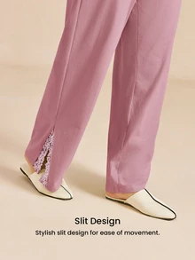 LUVLETTE Fall Soft Pink 100% Pure Cotton Luxurious Lace Trim Button-Up Top & Pants Loungewear Pajama Set For Pyjama Cotton Pajamas Graphic - Pink - View 7
