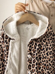 SHEIN 女童連帽厚抓絨復古豹紋滿版中長版夾克，適合秋冬、假期與旅行 - 棕色 - 查看 3