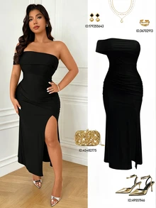 Femmeverse Women Plus Size Elegant Sexy Off-Shoulder Square Neck Slit High-End Evening Dress Party Cocktail Black Summer - Black - View 1