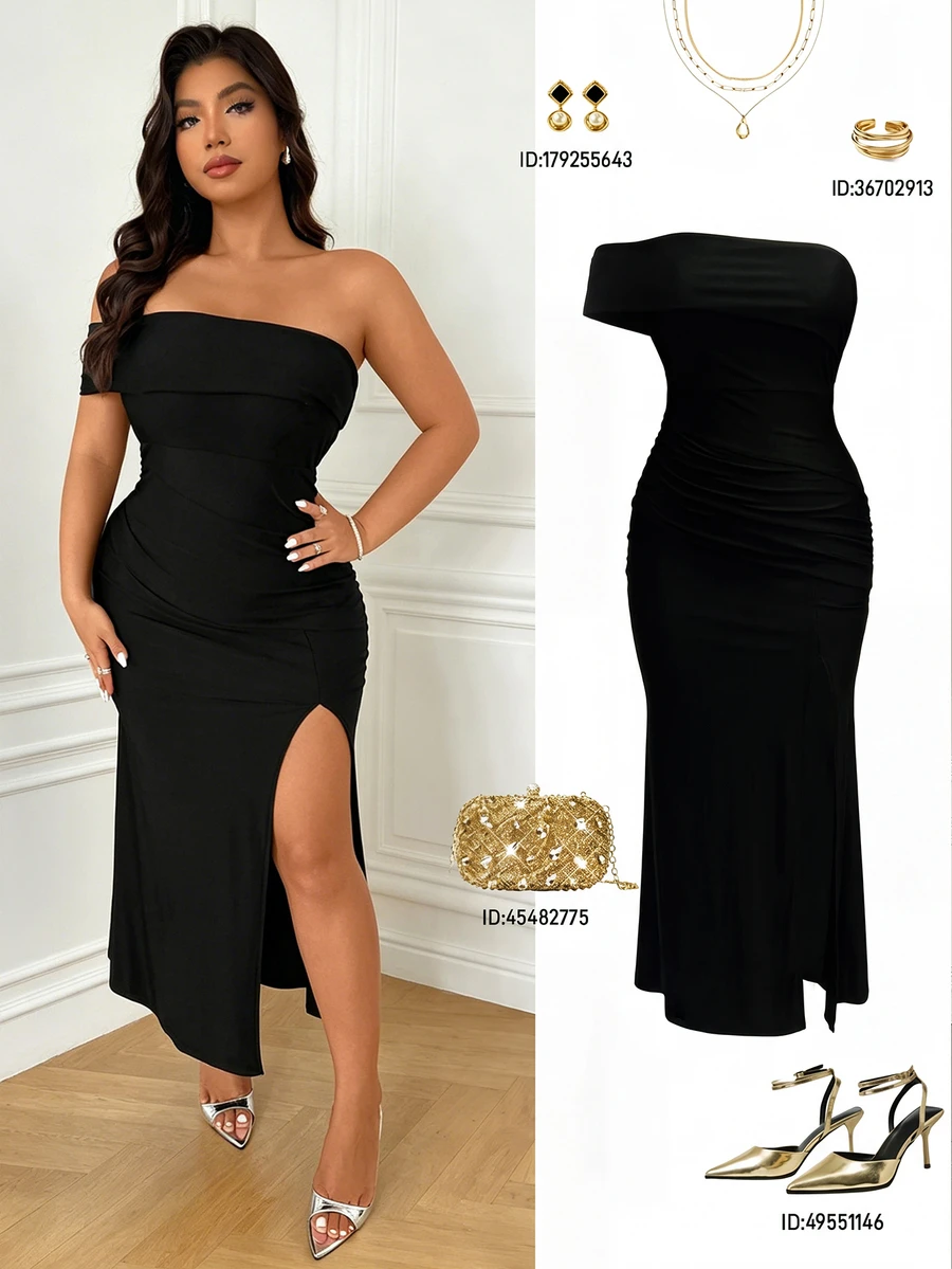 Femmeverse Women Plus Size Elegant Sexy Off-Shoulder Square Neck Slit High-End Evening Dress Party Cocktail Black Summer - Black - View 1