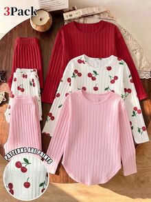 SHEIN Vintaside Kids 女童套裝，酒紅色素色、淺粉色素色，共3色可選，圓領長袖上衣搭配修身長褲，完整套裝方便搭配，適合日常上學、外出與玩耍，多色可選方便輪換 - 彩色 - 查看 1