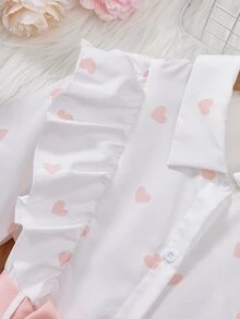 SHEIN 甜美風女童兩件式上衣套裝，粉色與白色淺粉心形印花上衣配蝴蝶結腰帶，搭配同款內搭褲，可愛家庭校園秋季穿搭 - 彩色 - 查看 4