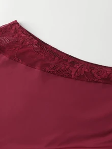 SHEIN Unity Women's Lace Patchwork Oblique Shoulder Elegant Sexy Wear Cinched Waist A-Line Mini Dressautumn Party Going Out Cocktail Burgundy - Burgundy - View 3