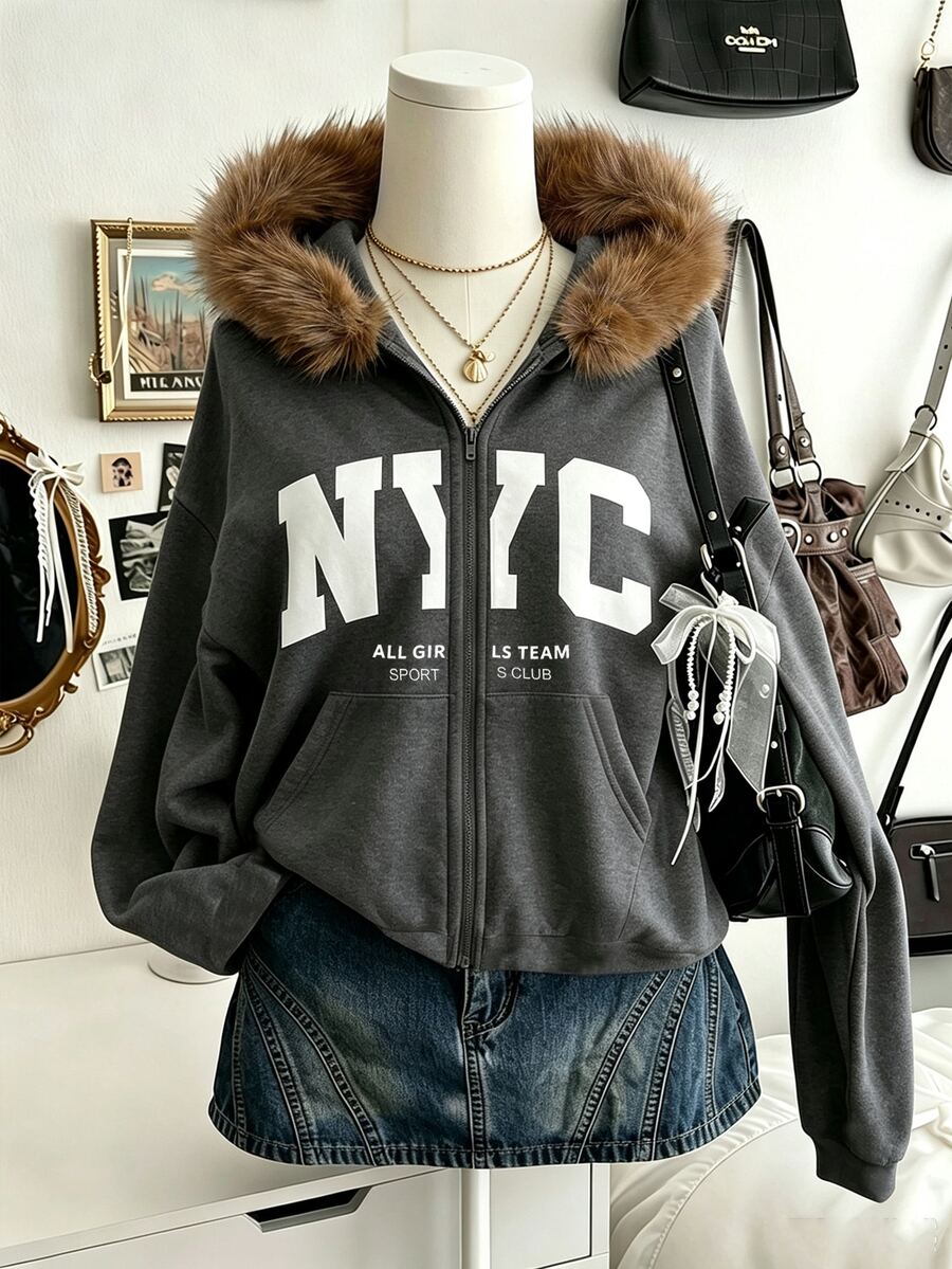 SHEIN Sparklyn 秋冬季青少年女孩連帽拉鍊外套-混搭街頭風連帽衫,防寒針織面料,適合秋冬穿著 - 深灰色 - 查看 1