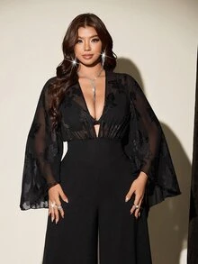 Viva Relle Plus Size Women's Sheer Cutout Bell Sleeve Wide Leg Elegant Jumpsuit Fall - Black - View 3