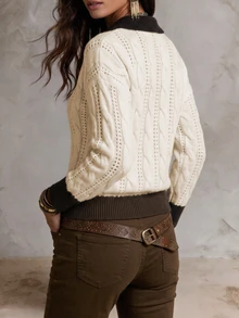 Linhara CURVE Plus Size Women's Solid Color Knit Pullover Sweater With Contrast Ribbed V-Neck, Minimalist Casual Style For Autumn/Winter Daily Commute - Beige - View 2