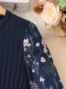 Teen Girls Fall Dresses Pastoral Style Navy Blue Patchwork Floral Long Sleeve Dress, Ribbed Waist, Puff Sleeves - Navy Blue - View 4